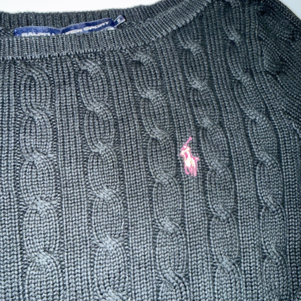 Ralph Lauren Golf Sweater Womens Small Black Cable Knit Crewneck Pink Pony VTG - Picture 2 of 10